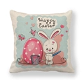 Close-up of linen Easter pillow cover with bunny and colorful egg pattern - 18x18 Inch / Rabbit with Brush (6)