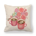 Detail of linen pillowcase featuring pink floral illustration and heart coffee cups - Coffee Cup Flowers