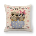Detailed texture of linen Easter pillowcase with cartoon owls and Happy Easter print - 18x18 Inch / Two Owls and Egg (7)
