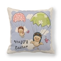 Close-up of Happy Easter linen pillowcase featuring cartoon chicks and fabric texture - 18x18 Inch / Flying Chicks (10)