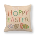 Close-up of linen Easter pillowcase texture with Hoppy Easter text and colorful eggs - Rainbow Text Bunny Ears Style (9)