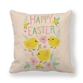 Detail of linen Easter cushion cover featuring happy easter text and yellow chicks - Chicks Floral Style (10)