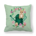 Happy Easter linen pillow case featuring bunny in a watering can with floral decor - Light Green Watering Can Bunny Style (16)
