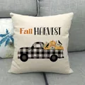 Halloween Kissenbezug mit Kürbis und schwarz-weiß kariertem Truck auf Leinenstoff - Fall Harvest Stil (4)