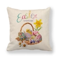 Detailansicht Ostern Kissenbezug aus Leinen mit buntem Eierkorb und Blumenmuster Print - Korb mit Eiern und Küken Stil (8)