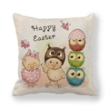 Funda de cojín cuadrada de lino con pollitos de Pascua, búhos y texto de Happy Easter - 45x45 cm / Pollito y Búhos (1)