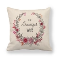 Linen Valentine's Day throw pillow cover with TO MY Beautiful Wife floral wreath design - Wife Heart Wreath