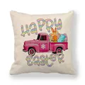 Linen Easter pillow case featuring vintage pink truck with bunnies and Happy Easter text - Pink Truck Rabbit Egg Style (6)