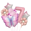 Detail of pink number 7 balloon with butterfly and floral foil accents for party decor - Butterfly Balloon Kit - Number 7