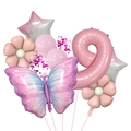 Jungle butterfly and pink number 9 foil balloons set with silver stars for girl birthday - Butterfly Balloon Kit - Number 9