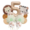 Kit ballons 5e anniversaire thème jungle avec lions tigres et tons caramel élégants - Chiffre 5 (Set Animaux Rétro 5)