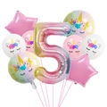 Details zum 9-teiligen Einhorn-Ballon-Set für den 5. Geburtstag mit großem Regenbogen-Folienballon - Einhorn Nummer 5 Set