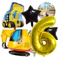 Kit ballons fête chantier avec excavatrice jaune, chiffre 6 doré et étoiles noires - Ensemble De Véhicules De Construction 6