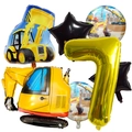 Kit de ballons engins de chantier avec excavatrices et chiffre 7 doré pour anniversaire 7 ans - Kit De Véhicule De Construction 7