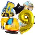 Détails du lot de ballons de chantier avec chiffre 9 géant et pelleteuse jaune - Kit De Véhicule De Construction 9