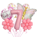 Détail de l'ensemble de ballons chiffre 7 rose avec papillon et fleurs pour anniversaire - Style Numéro 7