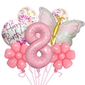 Détail du kit de ballons chiffre 8 rose avec papillon et fleurs pour fête d'anniversaire fille - Style Numéro 8