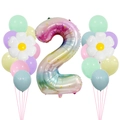 Close-up of rainbow number 2 foil balloon with daisy accents for birthday parties - Gradient Number 2 Style