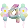 Close-up of 40-inch rainbow number 4 balloon with white daisies for birthday party decor - Gradient Number 4 Style