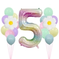 Regenboog nummer 5 ballon met witte madeliefjes en pastelkleurige latex ballonnen - Gradiënt Nummer 5 Stijl