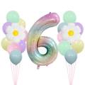 Detail van regenboog cijfer 6 ballon met sterren en madeliefje versiering voor feest - Gradiënt Nummer 6 Stijl