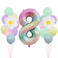 Detail van macaron verloopcijfer 8 ballon met witte madeliefjes voor verjaardagsfeest - Gradiënt Nummer 8 Stijl
