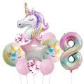 Detail view of unicorn party set with gradient number 8 and star aluminum foil balloons - Unicorn Gradient Number Set 8