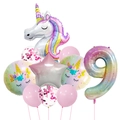 Close-up of unicorn party balloon set with gradient number 9 and star foil details - Unicorn Gradient Number Set 9