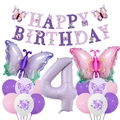 Détail du kit d'anniversaire papillon 4 ans avec ballon chiffre 4 et banderole violette - Style Quatrième Anniversaire Thème Papillon