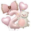 Pink number 2 balloon set with cartoon bear, heart shapes and a large bow tie decoration - Magic Bear Set (Number 2)