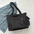Large capacity black nylon tote bag with front zipper pocket and casual shoulder straps - Black