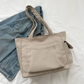 Large beige nylon tote bag with front zipper pocket and side water bottle holders - Khaki