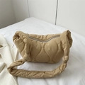 Quilted khaki puffer shoulder bag with wave stitching and stylish knotted strap - Khaki