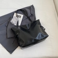Minimalist black PU leather tote bag with drawstring detail and slim shoulder strap - Black