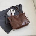 Dark brown large capacity tote bag in oiled leather finish with side drawstrings - Coffee
