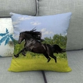 Linen square pillow cover featuring a running black horse pattern on a grey sofa - Black Horse Green Grassland(21)
