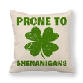 Detail view of St. Patrick's Day linen pillow cover with lucky clover and vintage text - Distressed Shamrock Humor (18) / 45x45cm