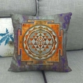 Detail of square linen pillowcase with orange and purple Sri Yantra geometric pattern - Orange Purple Retro Graphic (12)
