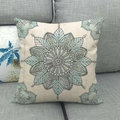 Linen geometric mandala throw pillow cover with retro bohemian pattern on a gray sofa - Green Coffee Symmetry (14)