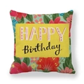 Linnen kussenhoes met groene bloemenprint en Happy Birthday tekst in geel vak - Happy Birthday Pastoraal Bloemenstijl (2)