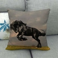 Square linen pillowcase featuring a realistic black running horse print on a sofa - Black Horse Grass Running(23)