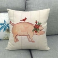 Linen pillow cover with vintage painted pig and floral wreath pattern on beige background - Pig with Wreath and Red Bird (18)