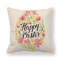 Detail of Easter linen pillowcase showing colorful floral wreath and Happy Easter text - Colorful Botanical Wreath (Style 13)