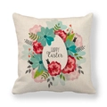 Detail of linen Easter pillowcase featuring floral wreath and Happy Easter text - Black Bunny Silhouette Wreath (Style 14)