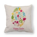 Detail of linen cushion cover featuring floral Easter egg design and Happy Easter text - Flowers and Butterfly Egg (Style 17)