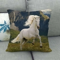 Linen pillow cover featuring a realistic running white horse print on a grey sofa - White Horse Green Field(25)