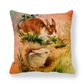 Detailed macro view of linen pillowcase featuring vintage hand-painted Easter rabbits - Vintage Hand-drawn Two Rabbits In Grass Style (8) / 45x45cm