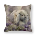 Square linen pillowcase featuring a realistic lop-eared rabbit and purple lilac flowers - Light Gray Lop-eared Rabbit With Lilacs Style (10) / 45x45cm