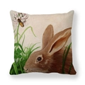 Macro view of linen Easter pillow cover with hand-painted rabbit and bee floral patterns - Realistic Rabbit In Grass With Bee Interaction Style (11) / 45x45cm