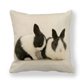 Detailed close-up of linen fabric texture featuring two realistic black and white rabbits - Sketch of Black and White Baby Rabbits (11) / 18x18 Inch